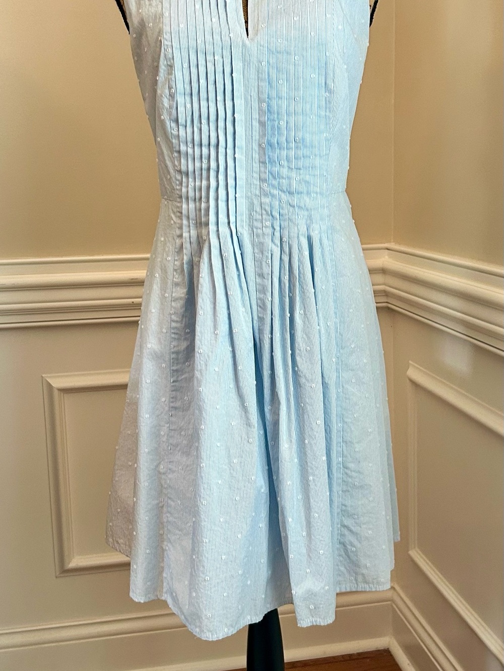 CeCe Pale Blue and White Pin Striped Pleated Dress